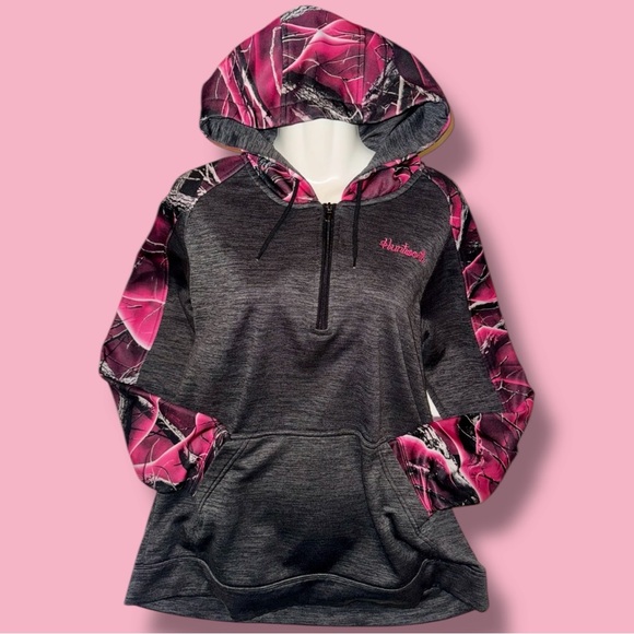 Huntworth Hoodie Pink Gray Camo Fleece Lined 1/2 Zip Pullover Women's XL - Picture 14 of 16